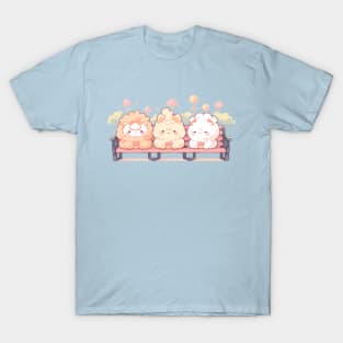 Bench Buddies: Three Llamas Embracing Cuteness in Kawaii Style T-Shirt